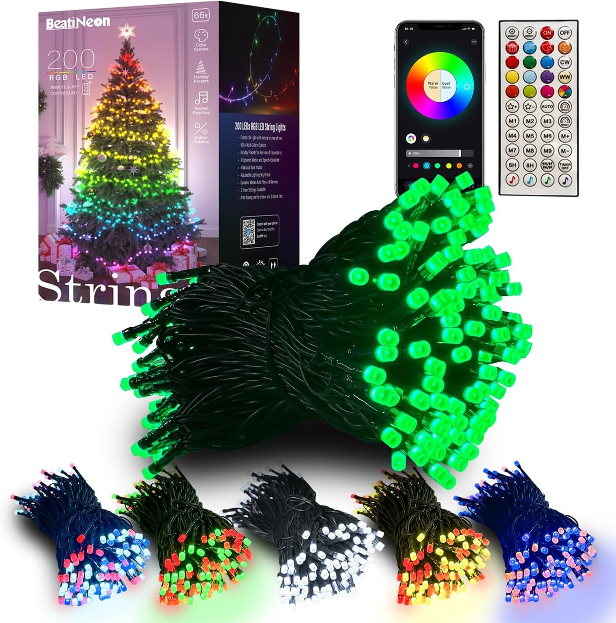 Color Changing Smart Christmas Lights,66ft 200 LED RGB String Lights with App & Remote Control,Timer,Music Sync,Dimmable Indoor/Outdoor Green Lights for St. Patrick's Day,Easter Decoration